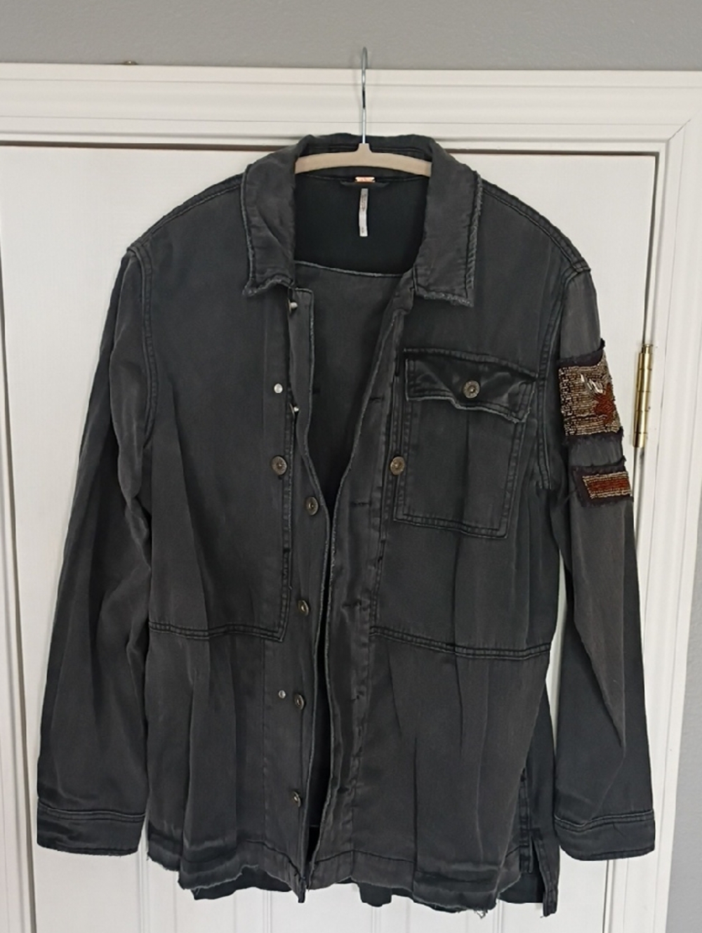 Free People Herringbone Charcoal Gray Jacket with Gold Accent